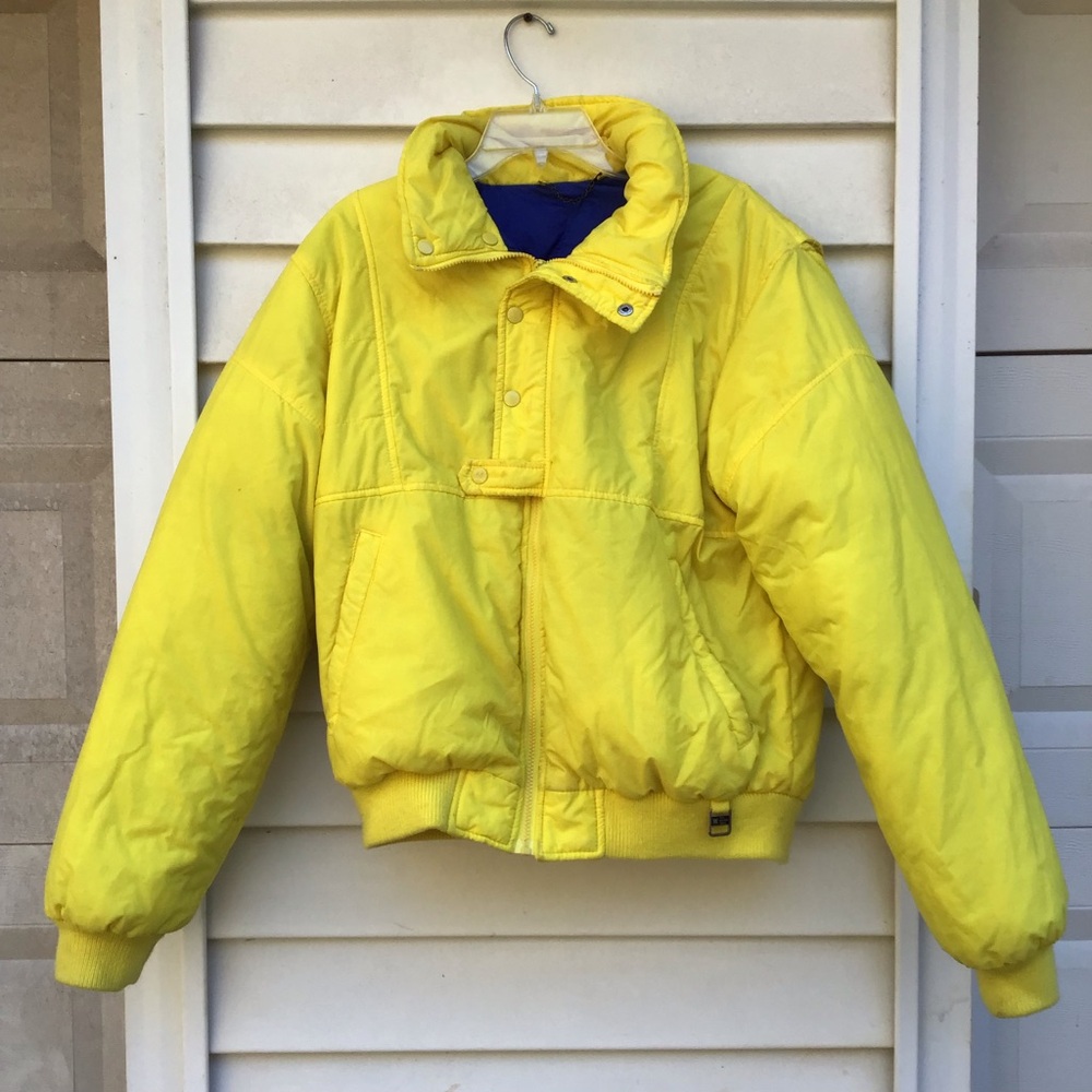 VTG White Mountain Down Puffer Ski Jacket Mens Size L Yellow Blue 80s 90s Nylon